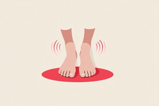 Illustration of aching human feet with red pain signals, representing leg fatigue, foot swelling, or neuropathic pain caused by standing for long periods or health conditions like gout.