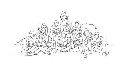 Fototapeta premium Community Reading. Minimalistic one-line drawing group reading books together outdoors, continuous single black line on white background, simple outline style,