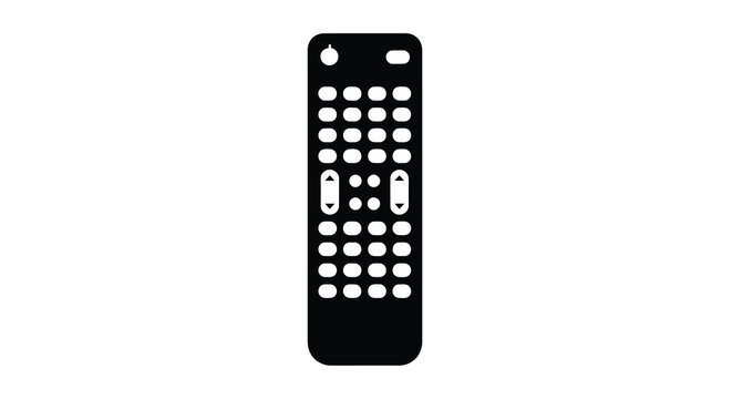 A simple black silhouette of a television remote control with numerous buttons displayed high quality professional
