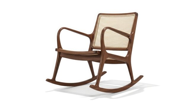A vintage brown wooden rocking chair stands as a comfortable antique furniture object isolated on white, featuring a classic wood design perfect for home relaxation and rest