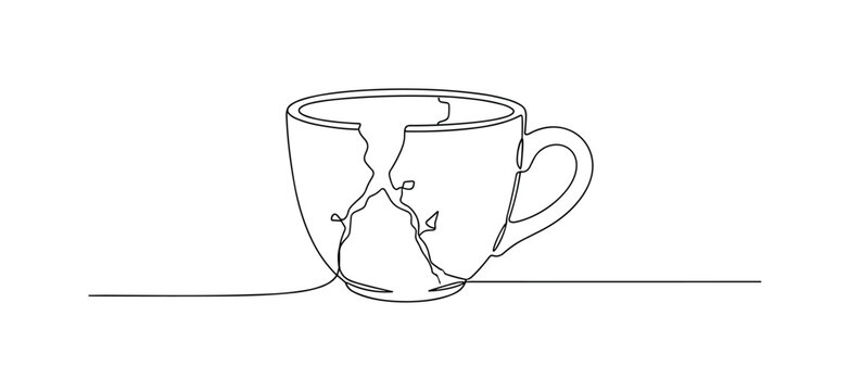 Fractured Mug. Minimalistic one-line drawing small ceramic cup with visible crack pattern, continuous single black line on white background, simple outline