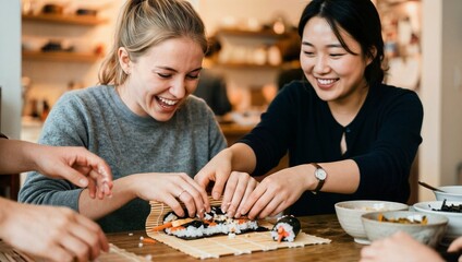 Fototapeta premium 다양한 친구들이 함께 김밥을 만들며 즐거운 문화 교류를 하는 순간, 서양 친구의 첫 시도와 한국 친구의 따뜻한 도움.