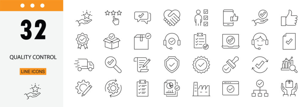 Quality control icons set representing inspection, standards, testing, assurance, compliance, checklist, verification, audit, performance and product quality management . Editable Stroke.