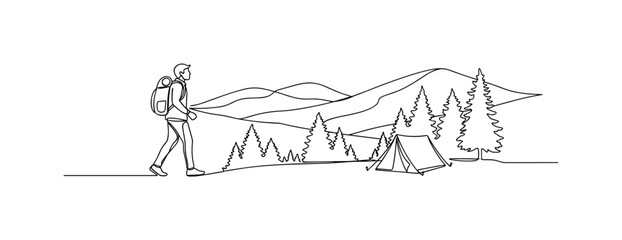 Obraz premium Outdoor Adventure. Minimalistic one-line drawing individual hiking toward camping area with trees and hills, continuous single black line on white background,