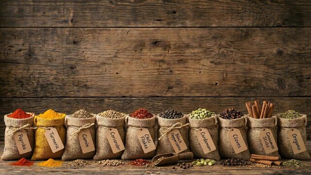 Various Indian Spices in Burlap Sacks with Labels on Rustic Wooden Background