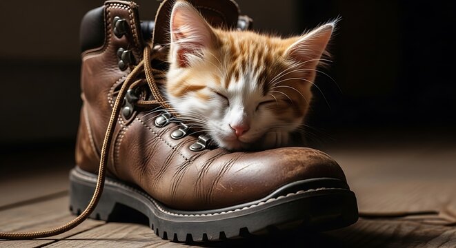 Adorable kitten sleeping peacefully inside a worn-out brown leather boot, cozy and comfortable.