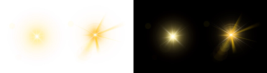 Fototapeta premium PNG image of&nbsp;A collection of bright, dynamic, golden optical flares and starburst light effects for design projects on transparent background.