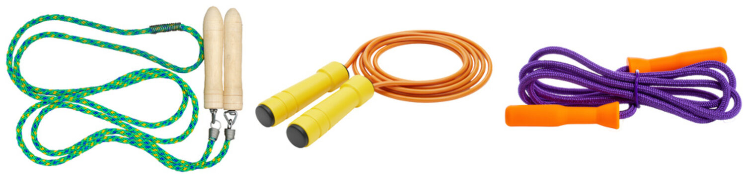 Diverse collection of jump ropes featuring different designs and materials.