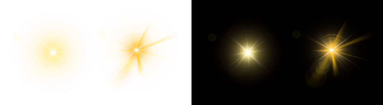 PNG image of&nbsp;A collection of bright, dynamic, golden optical flares and starburst light effects for design projects on transparent background.