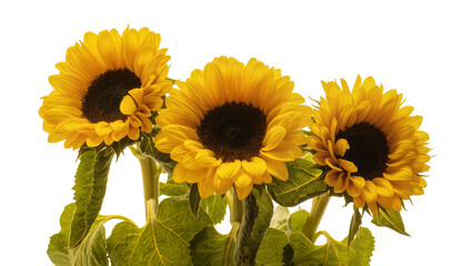 Vibrant yellow sunflowers with dark brown centers and lush green leaves, isolated on transparent background for floral design elements and summer themes © Claudia