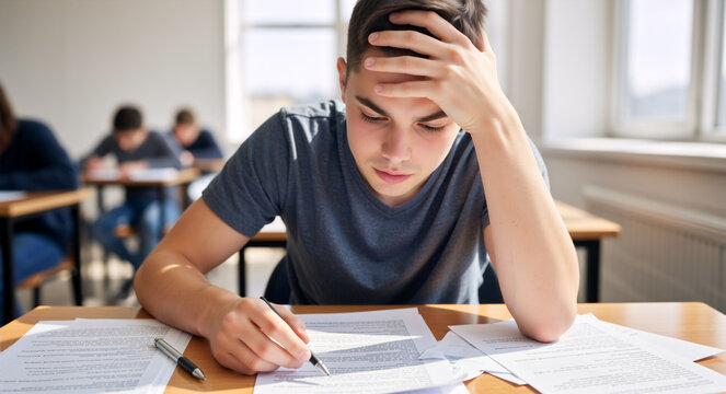 Stressed male student feeling worried during a difficult exam. Young man with hand on forehead struggling with a university test in a classroom