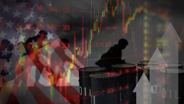 Conflict between United States and Iran is causing oil prices to rise on the stock market. Energy Crisis, High gas and oil prices, chart of rising oil prices as symbol for energy crisis.