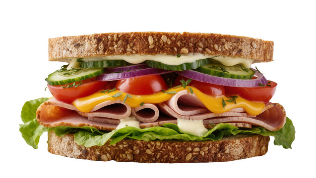 Hearty whole wheat sandwich stacked high with lettuce tomato red onion cheddar provolone and deli meat, isolated on transparent background for menus