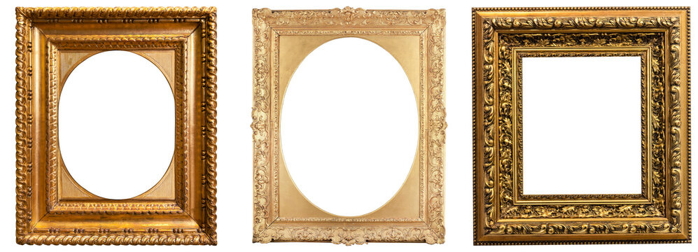A vintage collection of three ornate golden picture frames, featuring different shapes and intricate details.