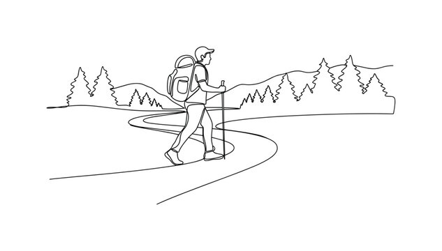 Summer Trail Adventure. Minimalistic one-line drawing hiker moving along nature path with backpack and walking stick, continuous single black line on white