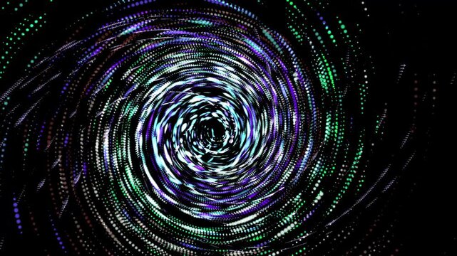 Dense multicolored particle swirl forming a vibrant circular vortex on a black background. Abstract loop backdrop