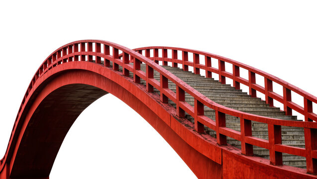 Elegant arched wooden bridge with traditional Japanese design featuring steep stairs and red lacquer finish, isolated on transparent background for architectural designs