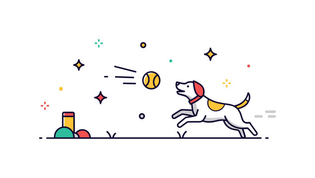 Throwing a ball dog fetch concept where a ball is thrown and a dog runs to catch it while tiny sparkle and star icons highlight action, playfulness, and