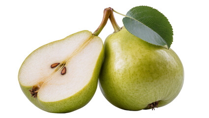 Ripe green pear halves one cut revealing brown seeds and juicy flesh, isolated on transparent background for healthy food marketing © Claudia