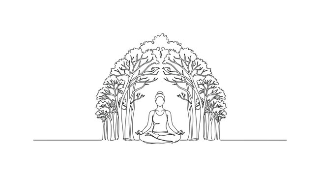 Yoga in Nature. Minimalistic one-line drawing individual performing meditation pose under canopy of forest trees, continuous single black line on white