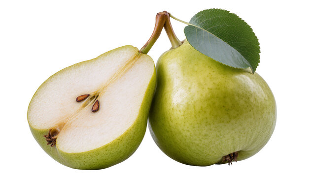 Ripe green pear halves one cut revealing brown seeds and juicy flesh, isolated on transparent background for healthy food marketing