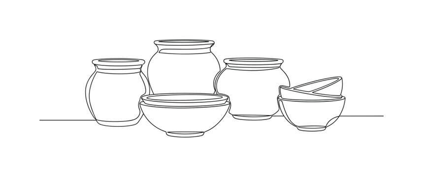 Interior Display. Minimalistic one-line drawing folded decorative fabrics on console or table, continuous single black line on white background, simple outline