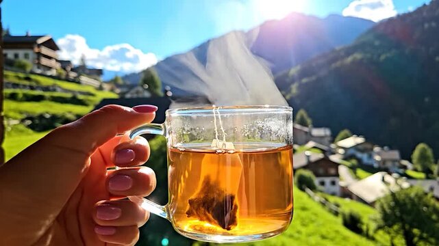 A hand holding a steaming cup of tea with a tea bag, set against a backdrop of sunlit mountains and a village