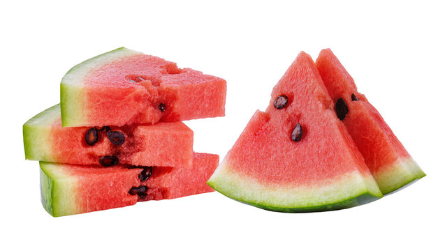 Juicy red watermelon slices with dark black seeds, neatly arranged and isolated on transparent background for summer food promotions