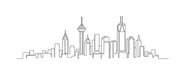 Fototapeta premium Downtown Skyline. Minimalistic one-line drawing skyline of downtown buildings and towers, continuous single black line on white background, simple outline