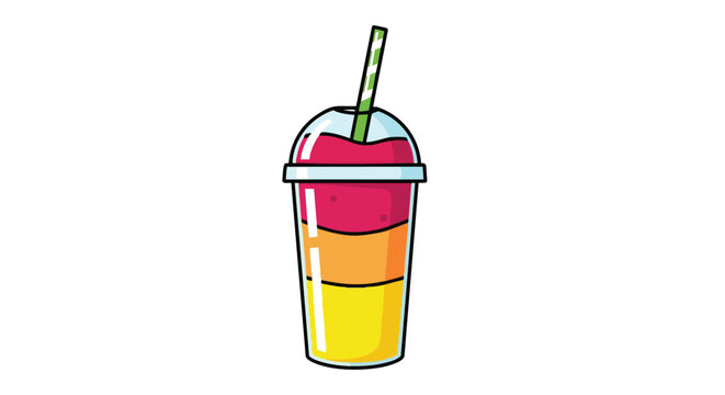 Vibrant layered frozen beverage in a clear plastic cup with a green striped straw, perfect for summer refreshment