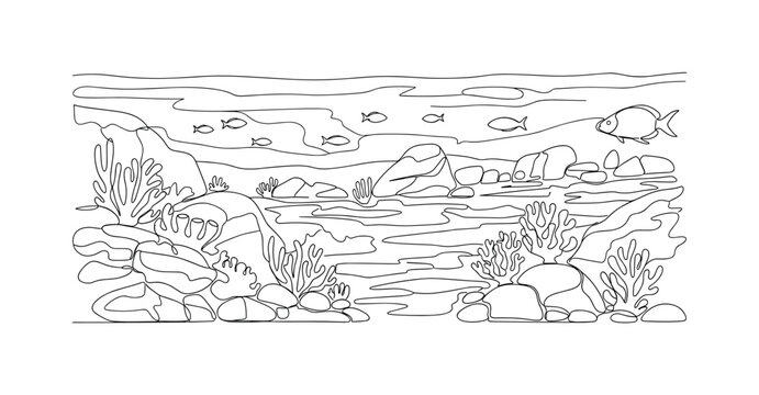 Aquatic Landscape. Minimalistic one-line drawing ocean floor with rocks, corals, and fish, continuous single black line on white background, simple outline