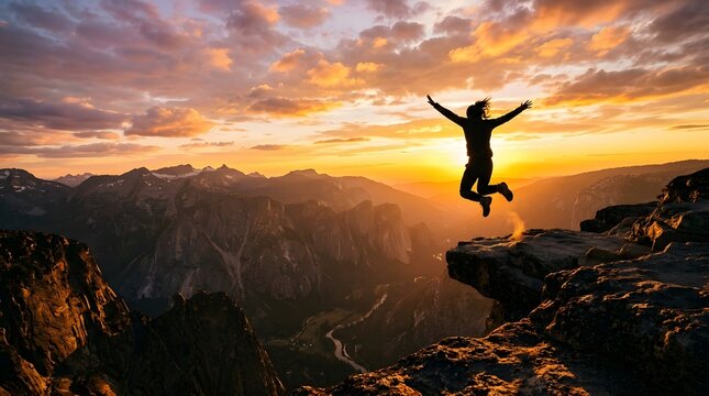 Silhouette of person jumping on cliff at sunset with dramatic sky