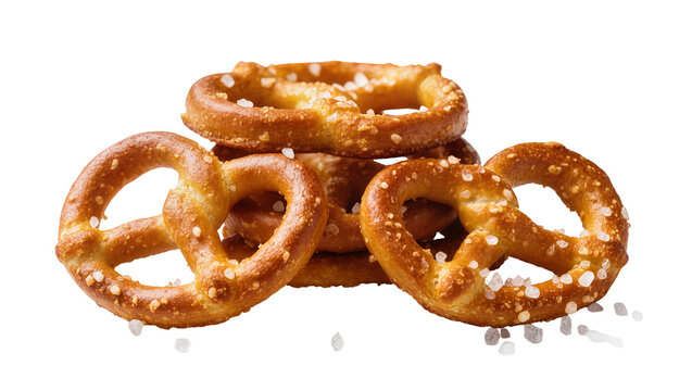 Golden brown baked pretzel rings generously sprinkled with coarse salt crystals, isolated on transparent background for snack advertisements