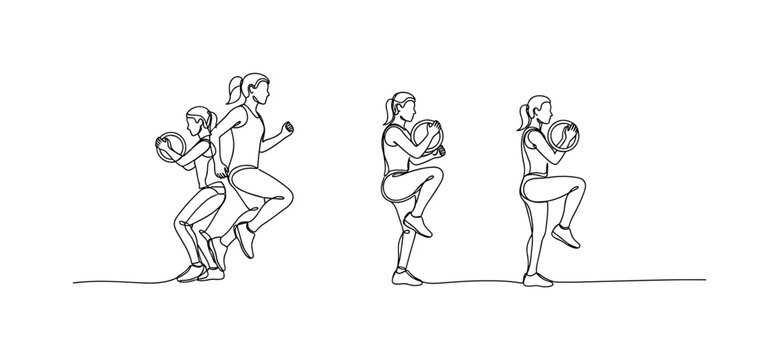 Fitness Prep. Minimalistic one-line drawing individual performing combination of jumping jacks, high knees, and arm circles, continuous single black line on
