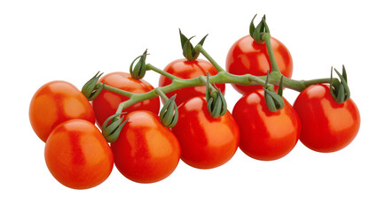 Vibrant cluster of ripe juicy cherry tomatoes hanging from a green stem, isolated on transparent background for healthy food promotions © Claudia