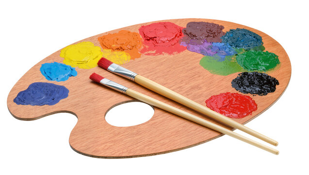 Wooden artist s palette displaying vibrant blobs of red blue yellow green and black acrylic paint, isolated on transparent background for creative design elements