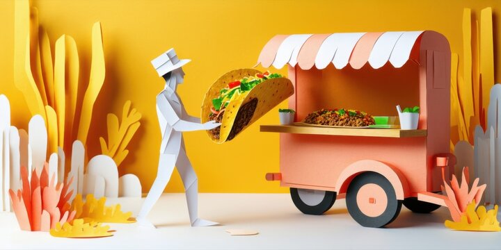 Papercraft scene depicts food truck, person holding large taco. Bright colors, minimalist style, playful composition. Festive, vibrant.