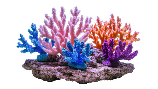 Vibrant artificial coral reef structure with blue pink and orange branching forms, isolated on transparent background for marine design elements