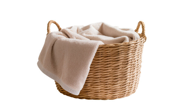 Rustic woven wicker laundry basket filled with fluffy beige towels, isolated on transparent background for spa and home decor concepts