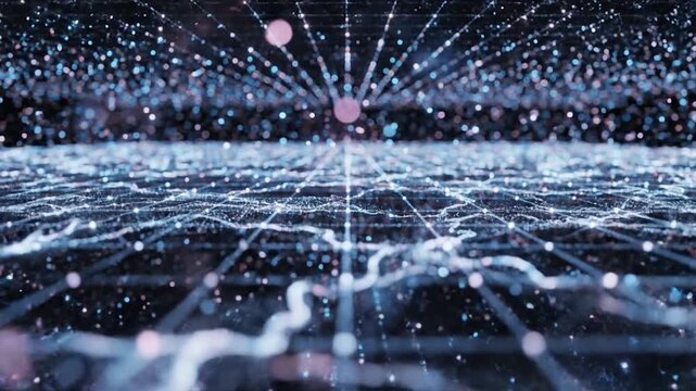 Abstract digital network of glowing particles and light trails creating a sense of depth and connectivity in a futuristic cyberspace