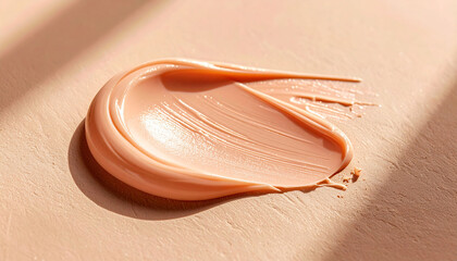 Fototapeta premium A creamy peach-toned cosmetic product swatch on a light background with subtle shadows.