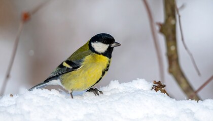 Obraz premium A bright bird, yellow and black, rests on a snow-covered branch. Branches are blurred in the background