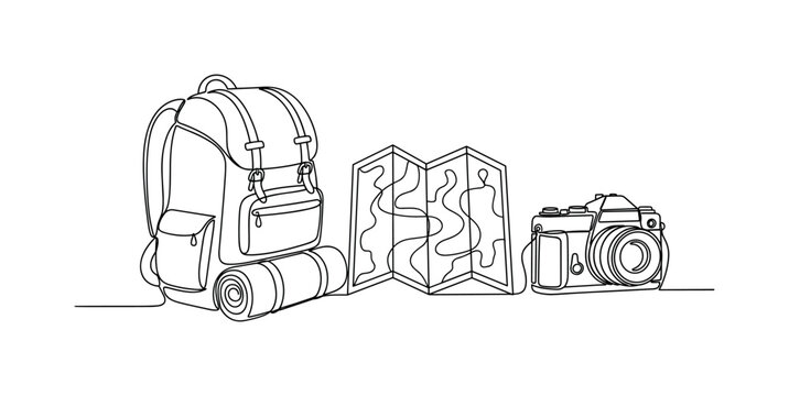 Journey Remembrance. Minimalistic one-line drawing backpack, map, and camera depicting travel memory, continuous single black line on white background, simple