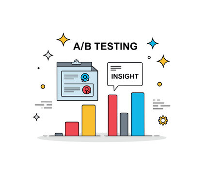A/B testing chart marketing split test concept where two ad visuals are evaluated while small sparkle and line icons emphasize effectiveness, measurement, and