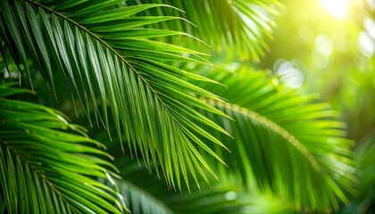 Fototapeta premium Close-up shot of bright green palm fronds, with sunlight peeking through the foliage, creating a sunny, tropical effect