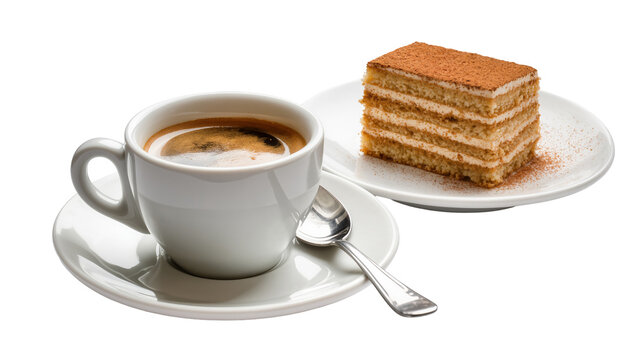 Stacked honey cake with powdered sugar, next to a steaming cup of dark coffee isolated on transparent background for cafe menus and promotions