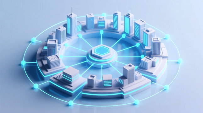 Conceptual illustration of smart city network demonstrating urban mobility solutions via connected data flow and centralized infrastructure for intelligent transport