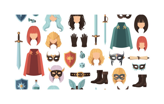 roleplay icons seamless pattern, repeating pattern, surface design, textile print, modern illustration of wigs, swords, shields, masks, gloves, boots, capes,