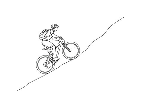 Mountain Biking. Minimalistic one-line drawing cyclist on rugged terrain with bike angled on hill, continuous single black line on white background, simple