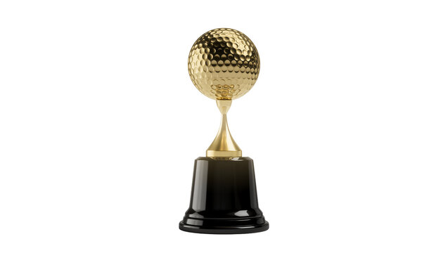 Shiny golden golf ball trophy with a black base and a slender neck, isolated on transparent background for corporate awards and achievements